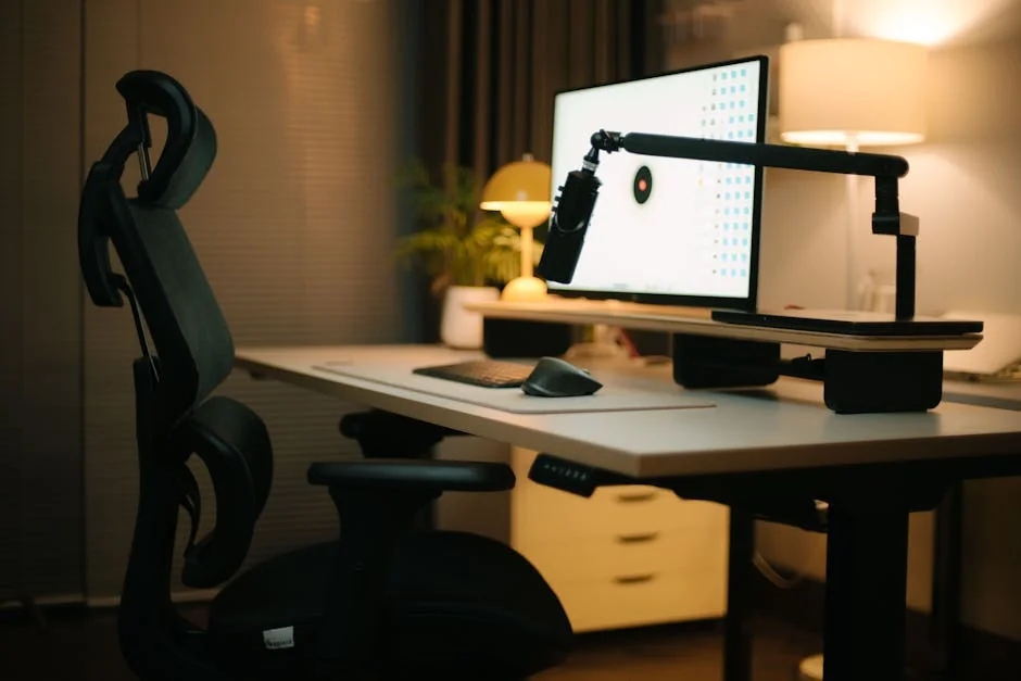 A cozy home office featuring an ergonomic chair, computer setup, and ambient lighting for a productive environment. - user experience report on ergonomic dailyuse furniture