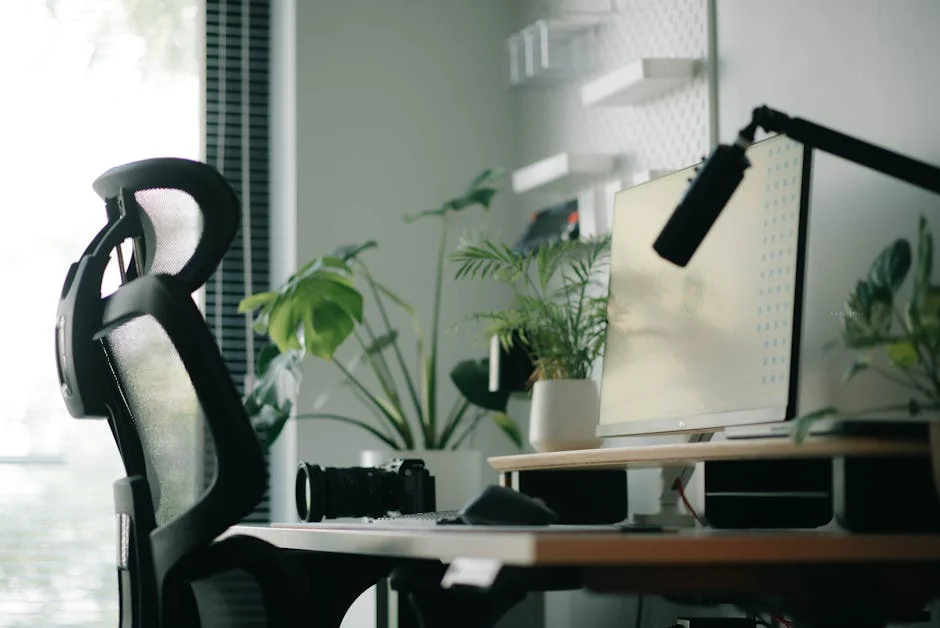 A stylish home office featuring an ergonomic chair, computer setup, and indoor plants, ideal for work inspiration. - user experience report on ergonomic dailyuse furniture
