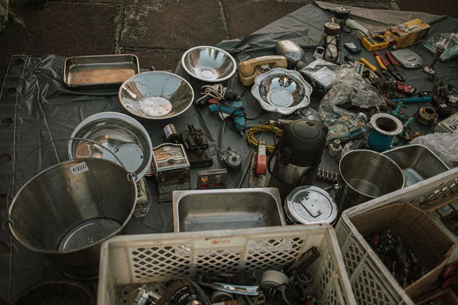 Assorted metal items and vintage tools displayed at an outdoor flea market on asphalt. - valuebased shopping guide for highfrequency use items
