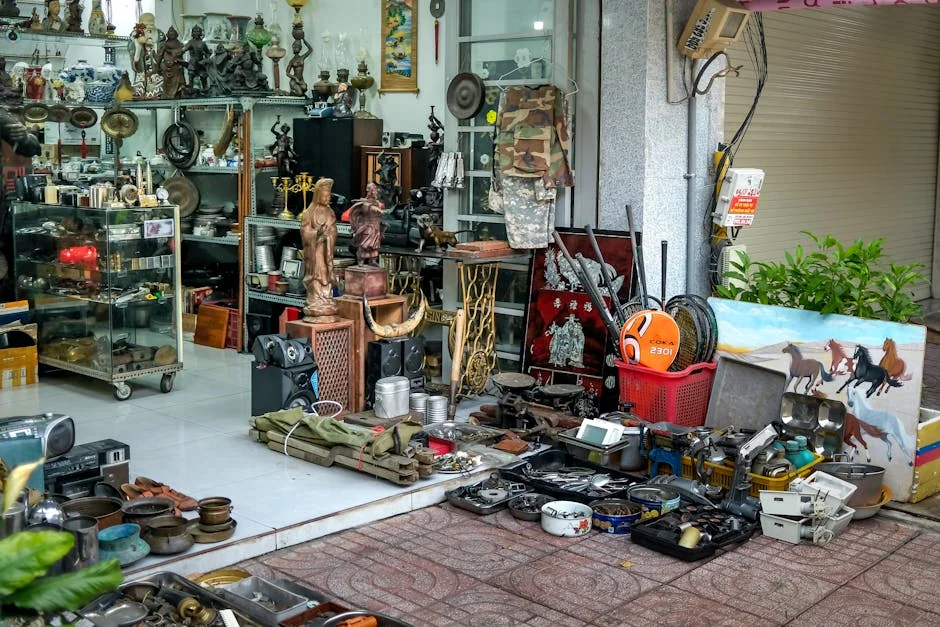 Explore a diverse range of antiques and collectibles displayed in a bustling retail store. - valuebased shopping guide for highfrequency use items