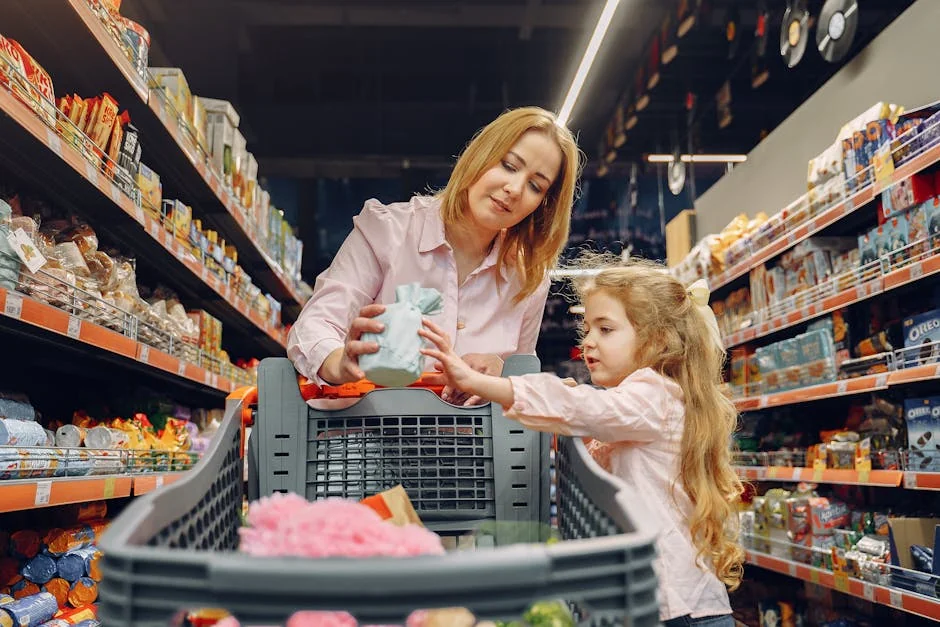 A mother and daughter shopping together in a supermarket aisle, enjoying quality time. - valuebased shopping guide for highfrequency use items